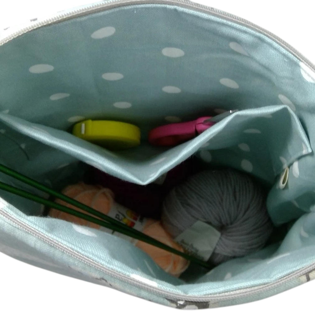Large knitting pouch bag with natural coloured sheep, knitters zipped project craft tote, sheep lovers gift
