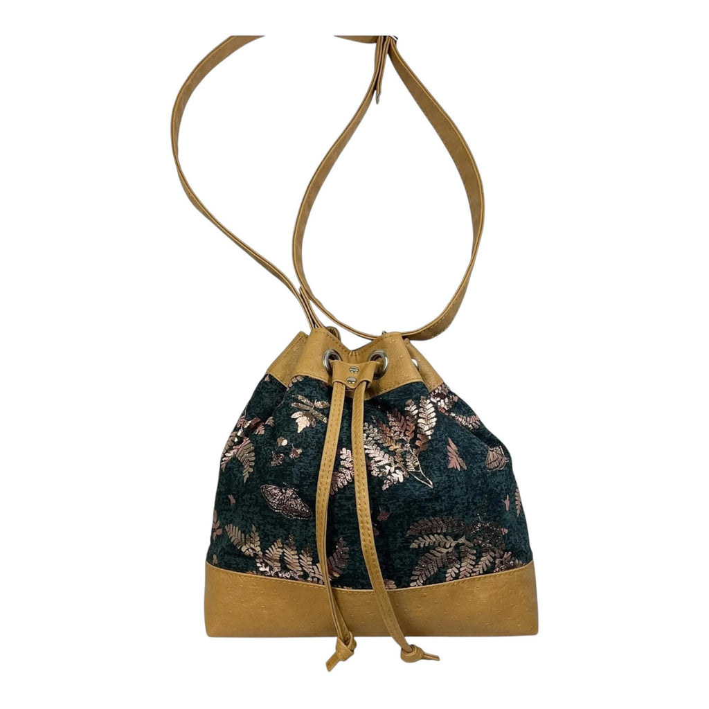 Ostrich Faux Leather Crossbody Bucket Bag: Rose Gold Butterfly Print