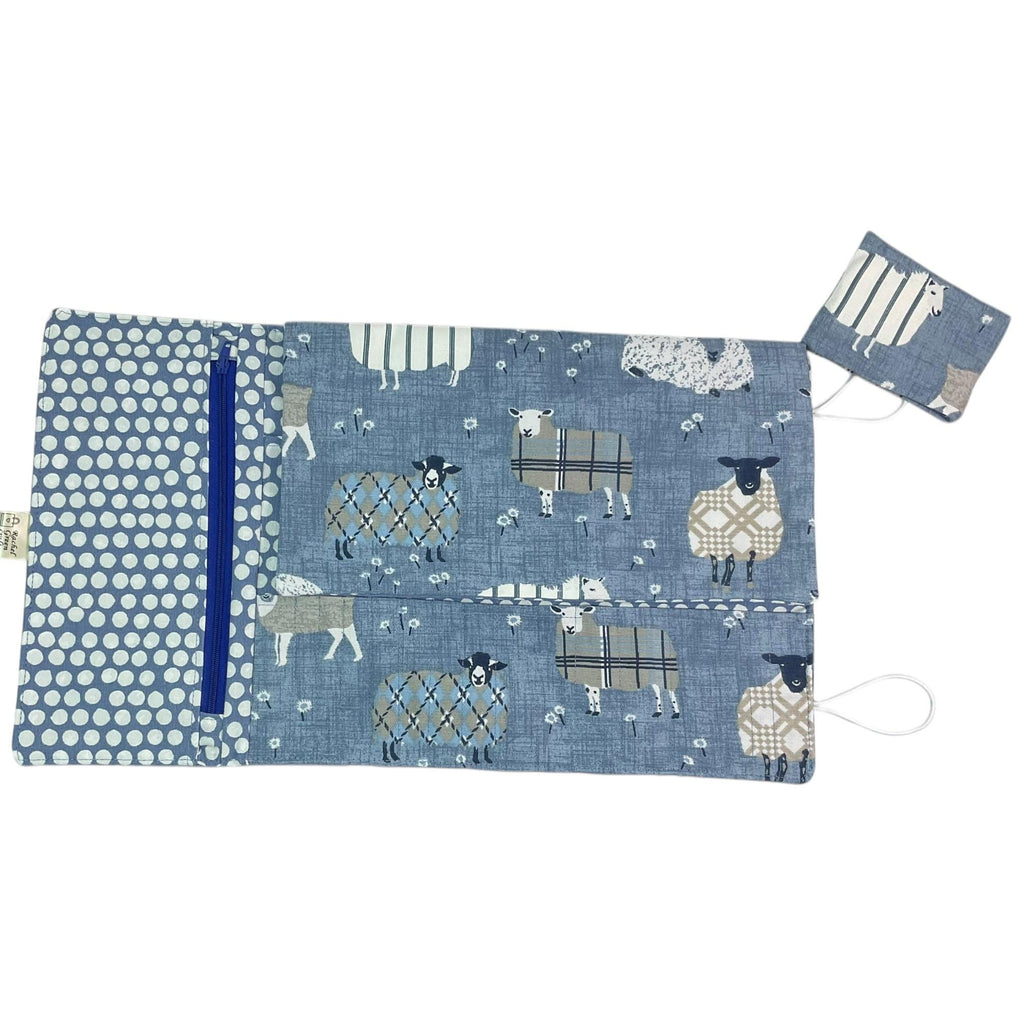 interchangeable and double pointed needle case with blue sheep, knitting needle pouch, hiya hiya case, knit pro wallet