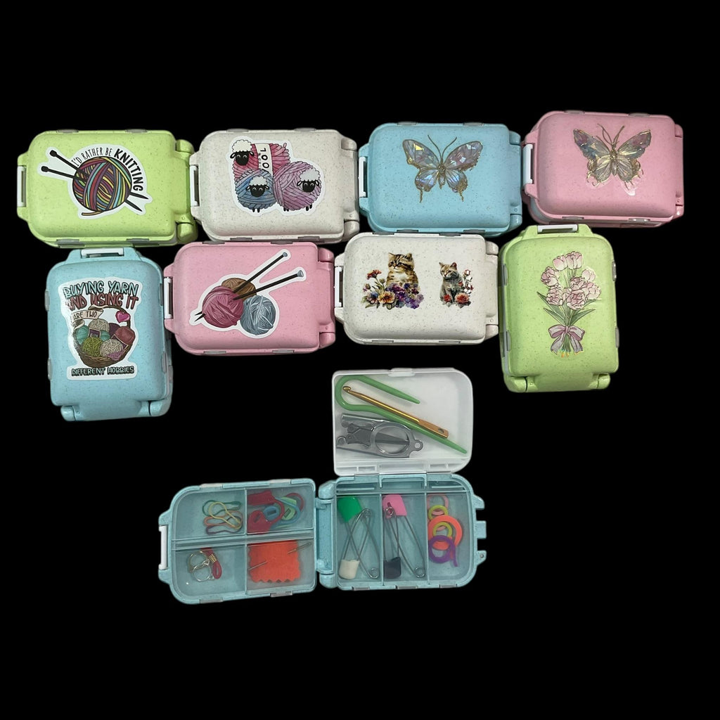 Knitting notions and accessories box filled with tools, butterfly,  sheep or cat motif, stitch marker 8 compartment organiser for crochet