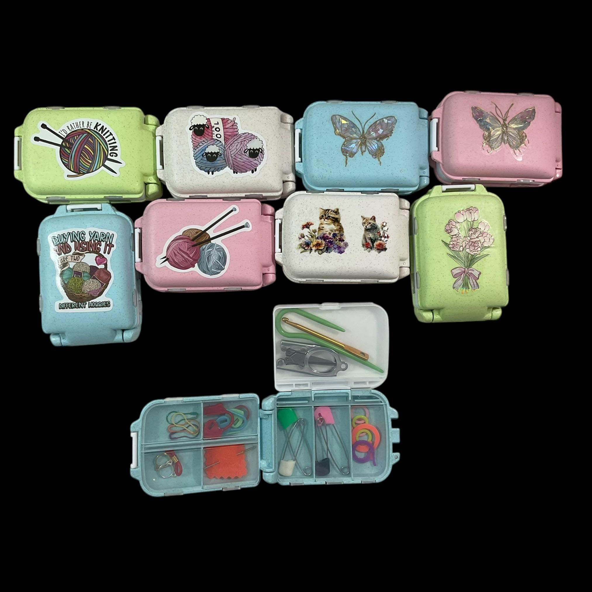 Knitting notions and accessories box filled with tools, butterfly,  sheep or cat motif, stitch marker 8 compartment organiser for crochet