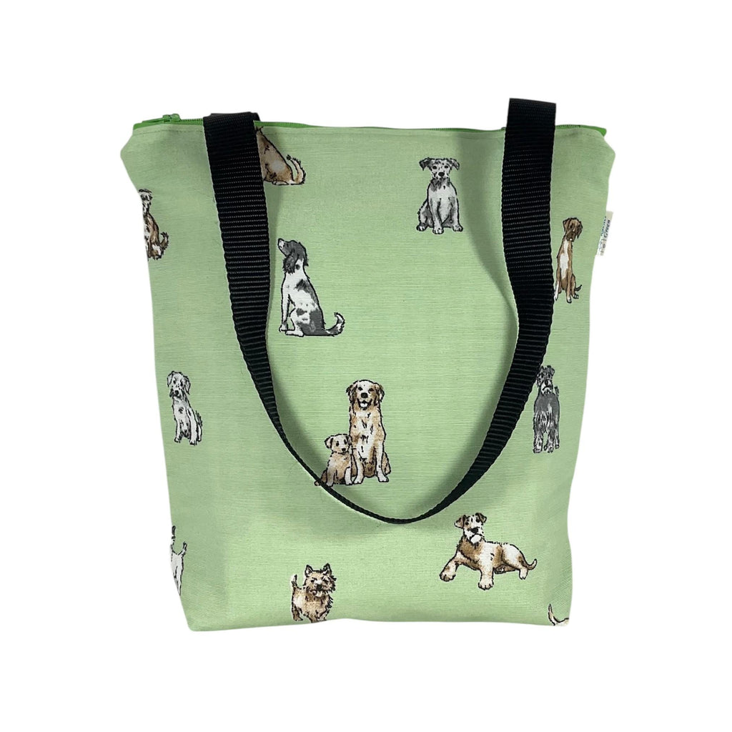 Dog print canvas tote bag with zip closure, pet lover small cotton book purse, bag with pockets  for dog lover, gift for girls