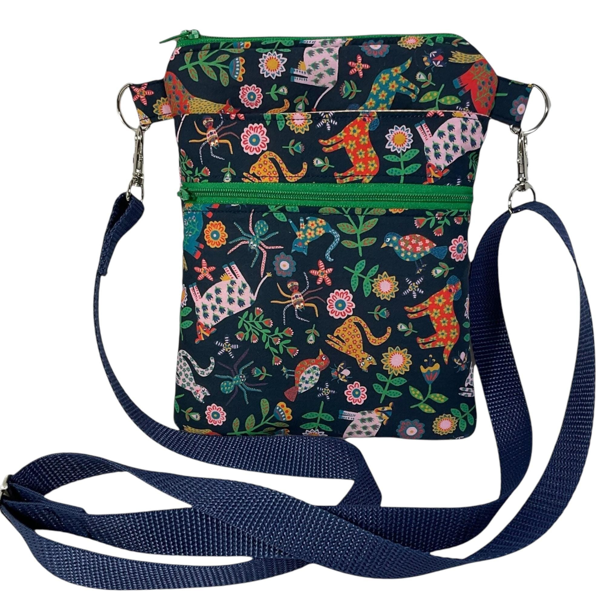 Liberty fabric slim phone shoulder bag with multi pockets, teen messenger style floral phone pouch, mini clutch bag, clubbing festival bag,