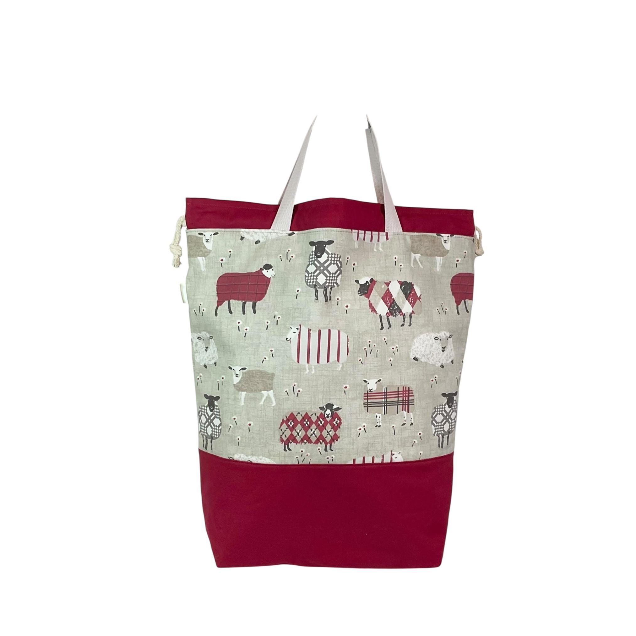XXL  drawstring knitting bag with Red coloured sheep print, supersized multi pockets project bag with handle