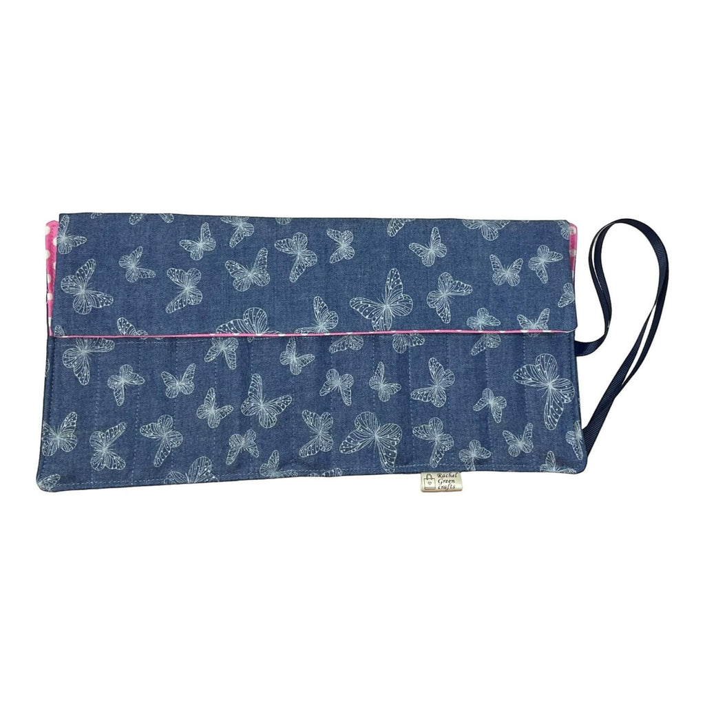 Crochet hook case in denim with butterfly print, roll up Ergonomic hook organiser or short  Dpn case, crochet or knitters gift,