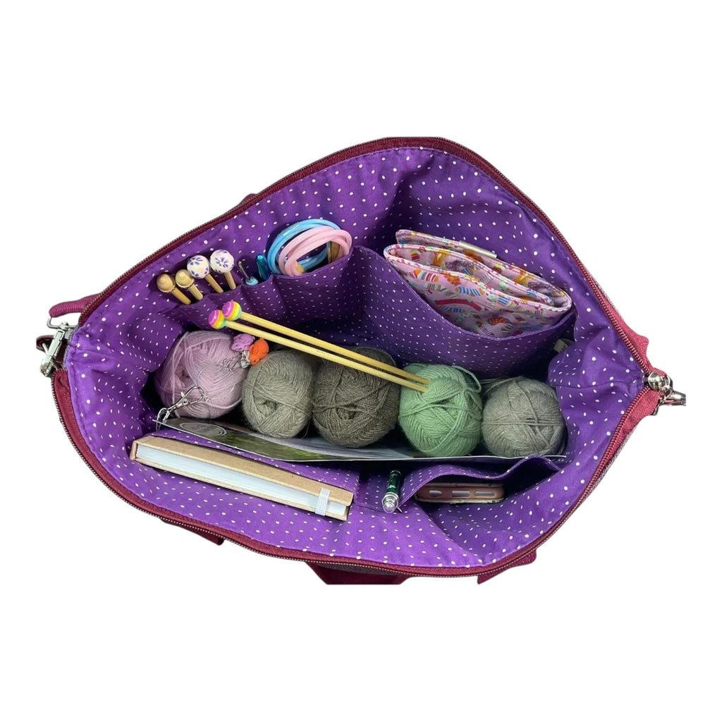 Knitting and crochet tote bag with zip top, large organiser crossbody bag