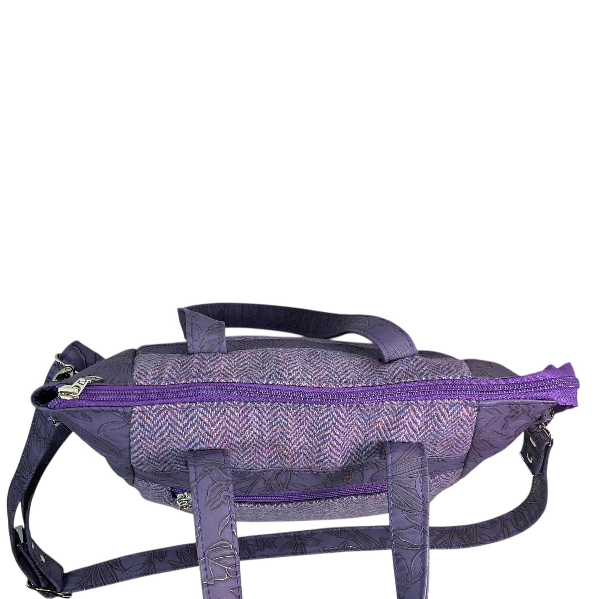 Harris tweed Crossbody Handbag, floral faux leather tote, purple  shoulder bag,  zip pocket large adjustable strap organiser bag