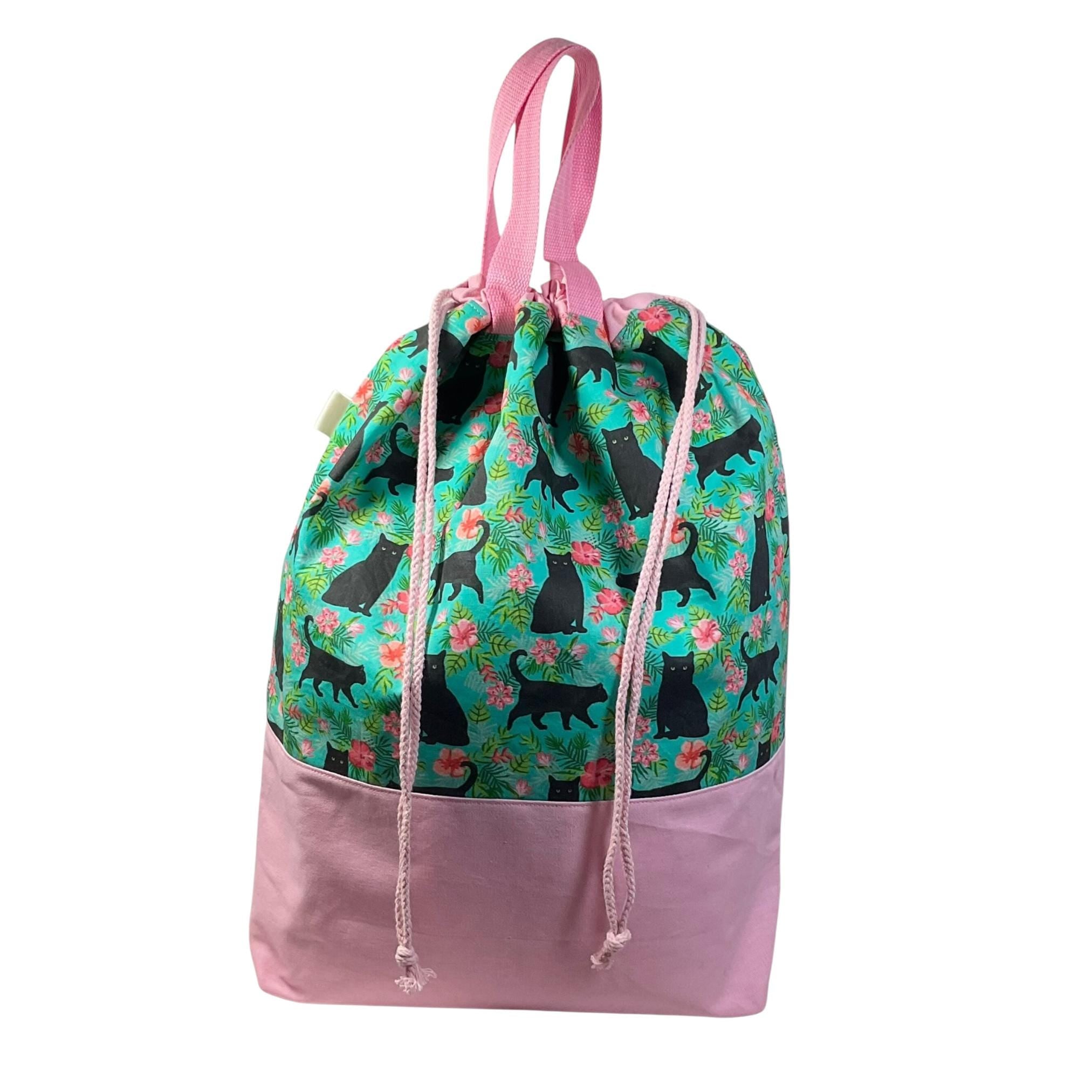 XXL  drawstring knitting bag with black cats and flowers print, supersized multi pockets project bag with handles, cat lover gift