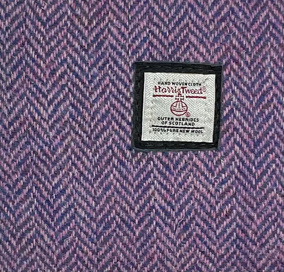 Handbag in genuine leather and Harris tweed tartan print pure wool,  blue and lilac herringbone medium sized zip top shoulder bag