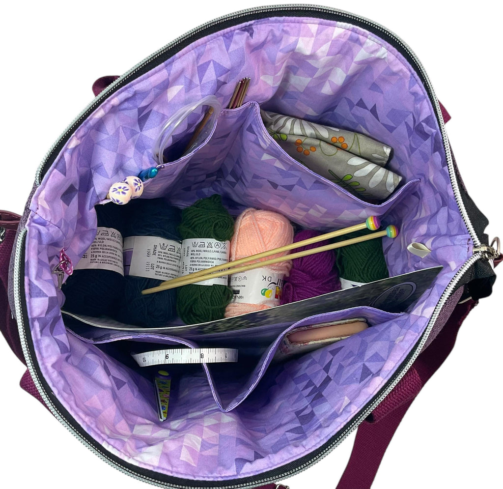 Knitting and crochet tote bag with zip top, large llamas organiser crossbody bag