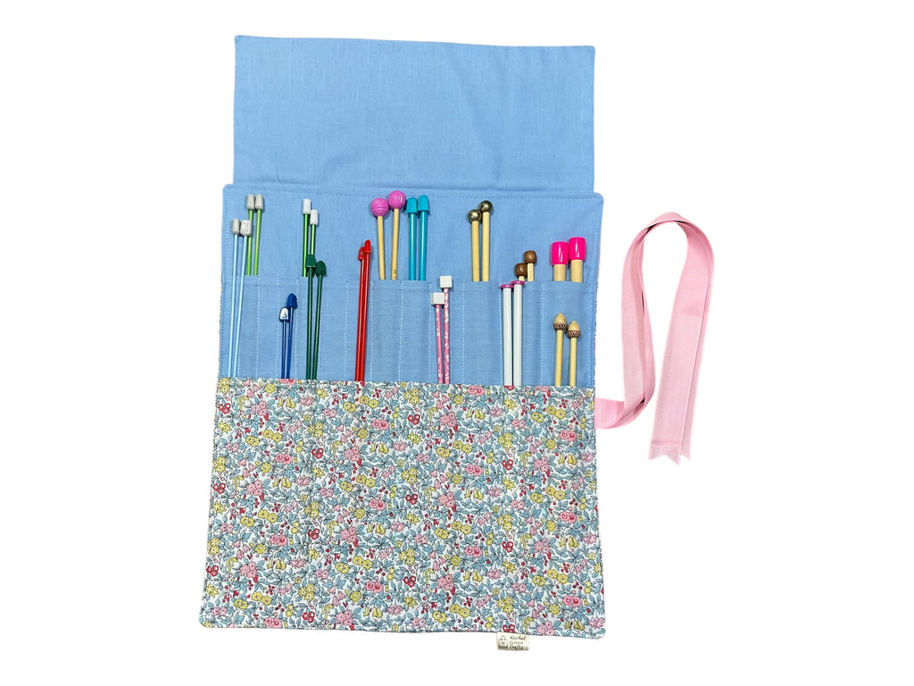Liberty floral print Straight knitting needle case, needle roll, ribbon tie storage, knitting accessories, knitters gift,needle organiser