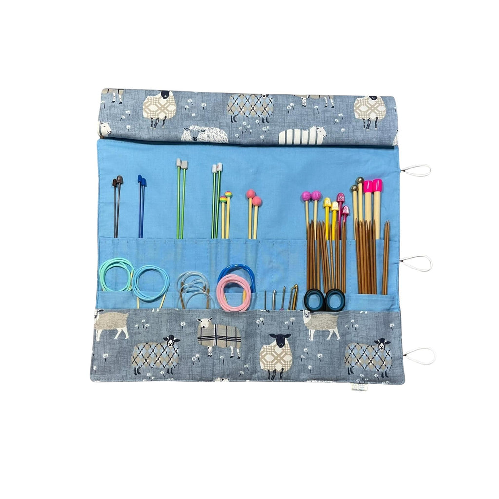 Straight and circular knitting needle case with blue sheep, knitting needle pouch,  needle storage, long needles wallet, fixed sock needle