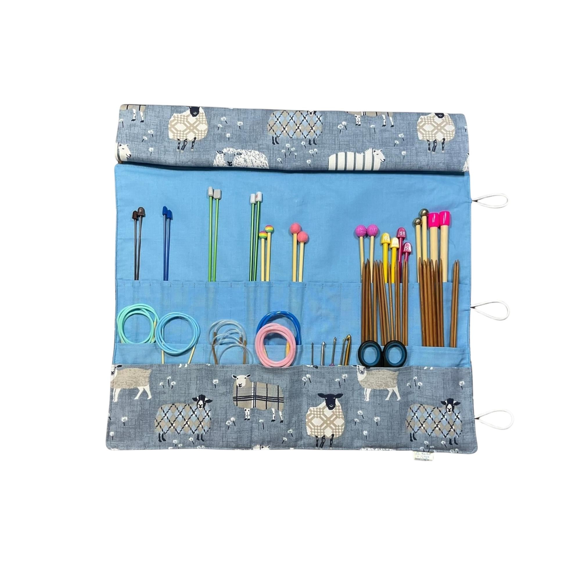 Straight and circular knitting needle case with blue sheep, knitting needle pouch,  needle storage, long needles wallet, fixed sock needle