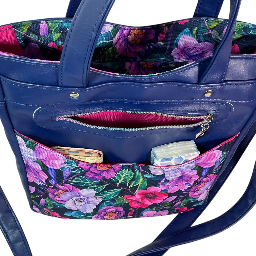Handbag in faux leather and purple  floral print, vegan ladies gift, handles and crossbody strap bag, rectangular shoulder zip tote