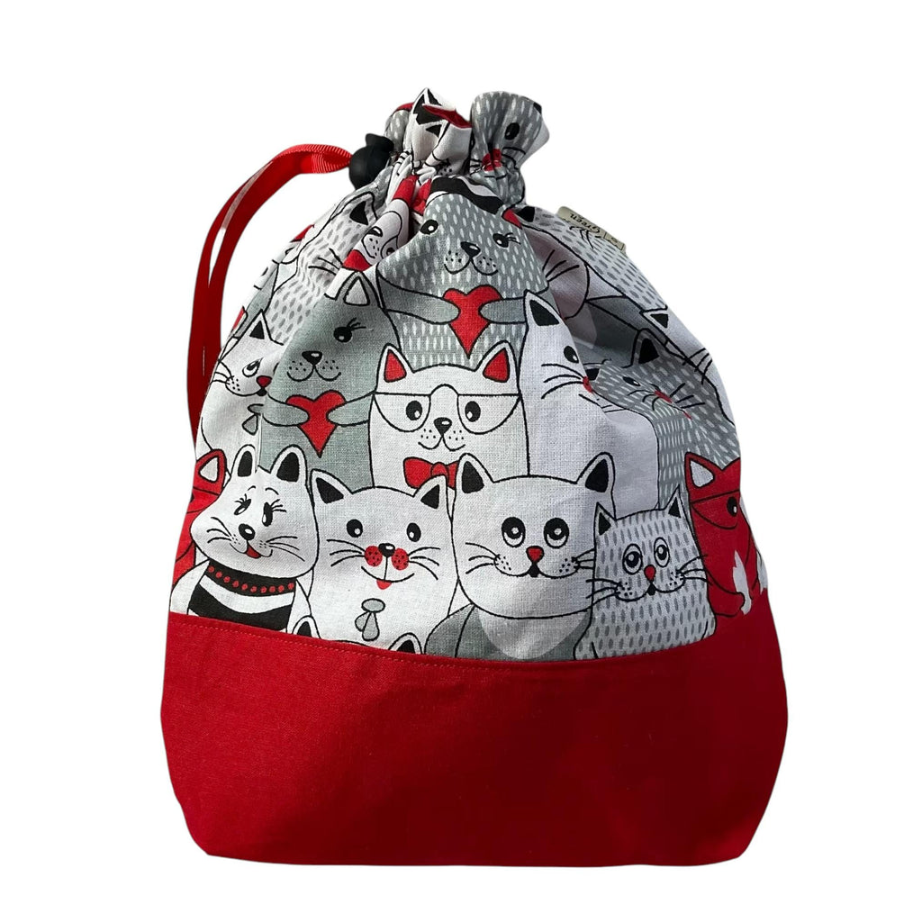 Two at a time knitting bag with cats, medium sock sack, cat lover divided drawstring, ,crochet and crafting work in progress bag , WIP bag