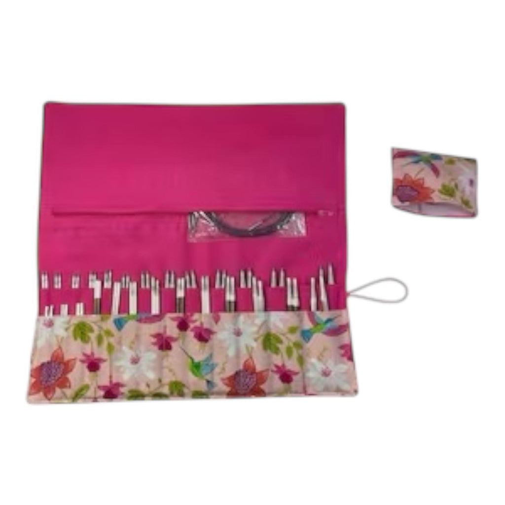 Interchangeable knitting needle case with floral hummingbirds ,holds 2 sets, addi case, chiagoo wallet, knit pro organiser, hiya hiya pouch
