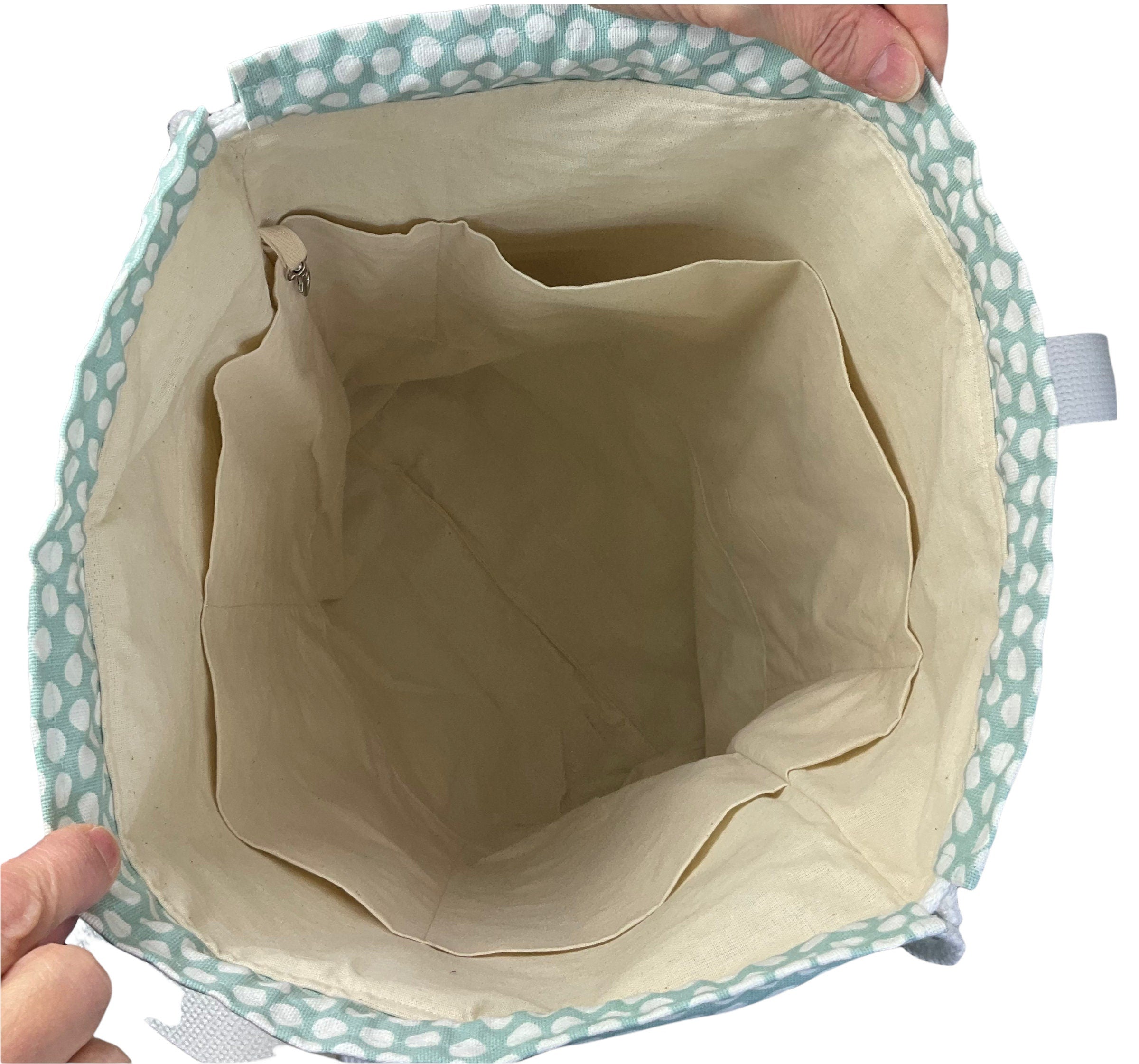 XXL  drawstring knitting bag with Turquoise coloured sheep print, supersized multi pockets project bag with handles