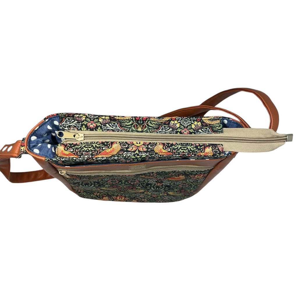 Handbag in faux leather and strawberry thief bird print, vegan ladies gift, crossbody bag, shoulder zip pouch