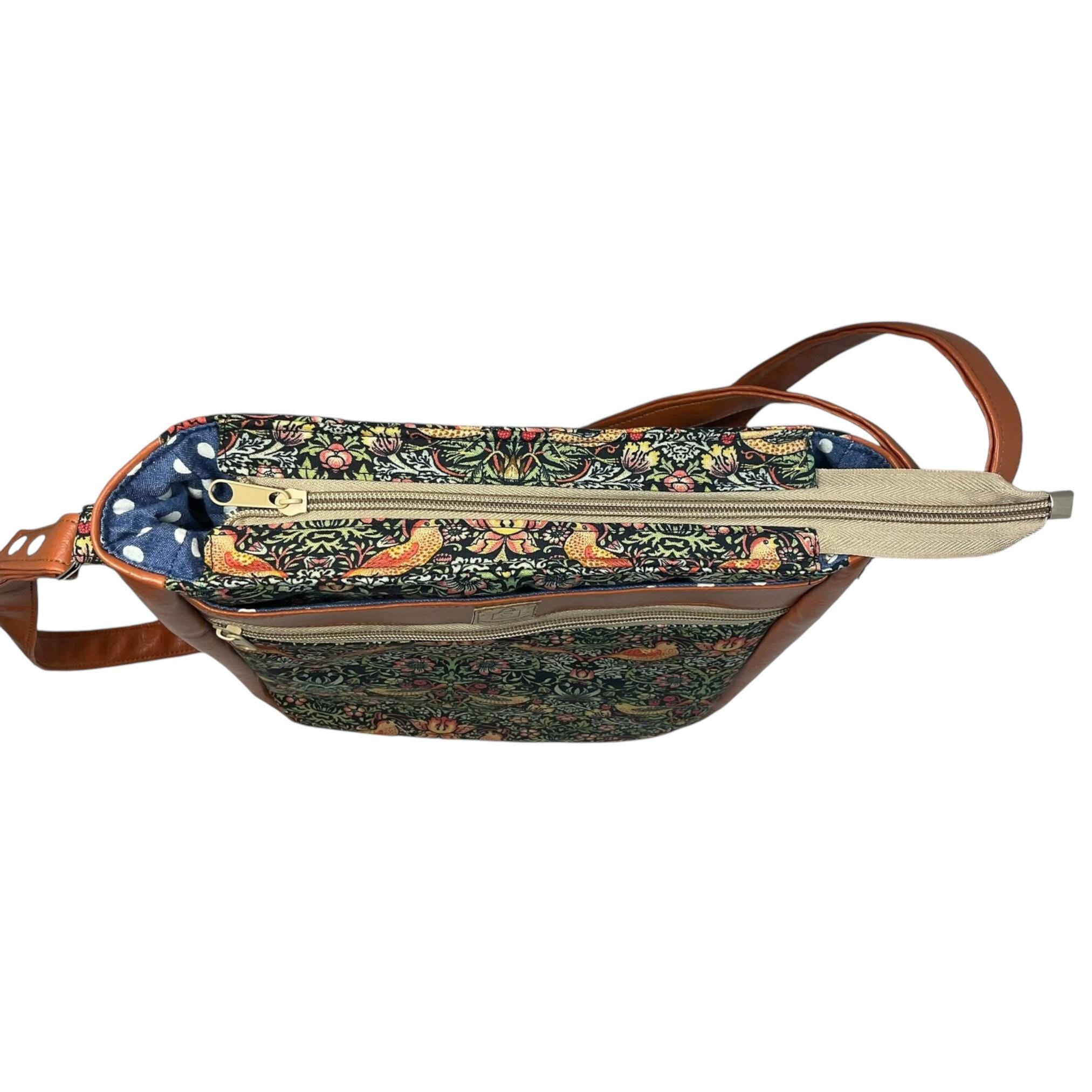 Handbag in faux leather and strawberry thief bird print, vegan ladies gift, crossbody bag, shoulder zip pouch