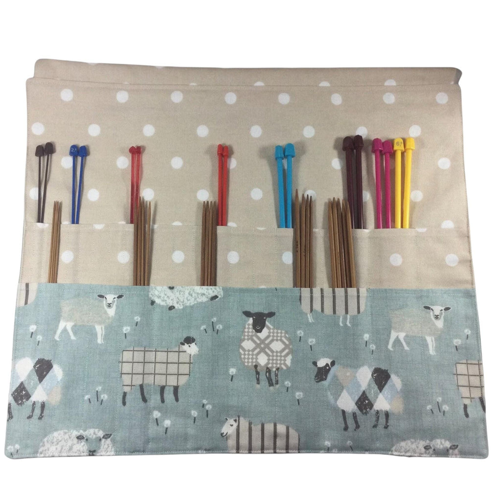 Straight and double pointed knitting needle case with blue sheep, knitting needle pouch,  needle storage, long needles wallet, sock needle