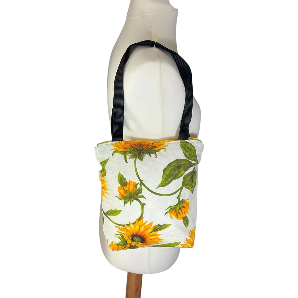 Small zip top canvas tote bag with sunflowers ,floral lover small cotton book purse, bag with pockets  , gift for girls