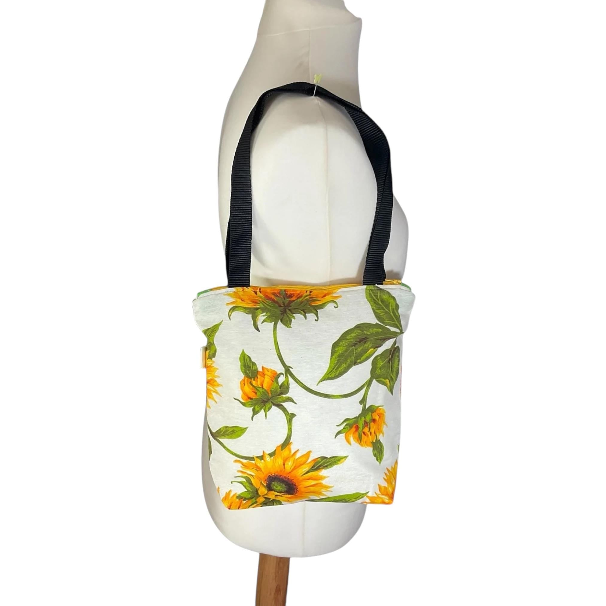 Small zip top canvas tote bag with sunflowers ,floral lover small cotton book purse, bag with pockets  , gift for girls