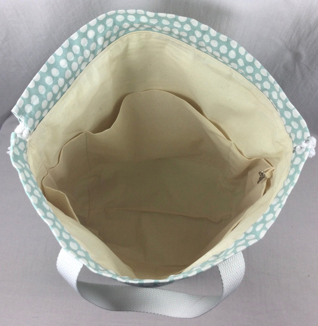 Extra Large drawstring knitting bag with blue sheep print, multi pockets project bag with handles