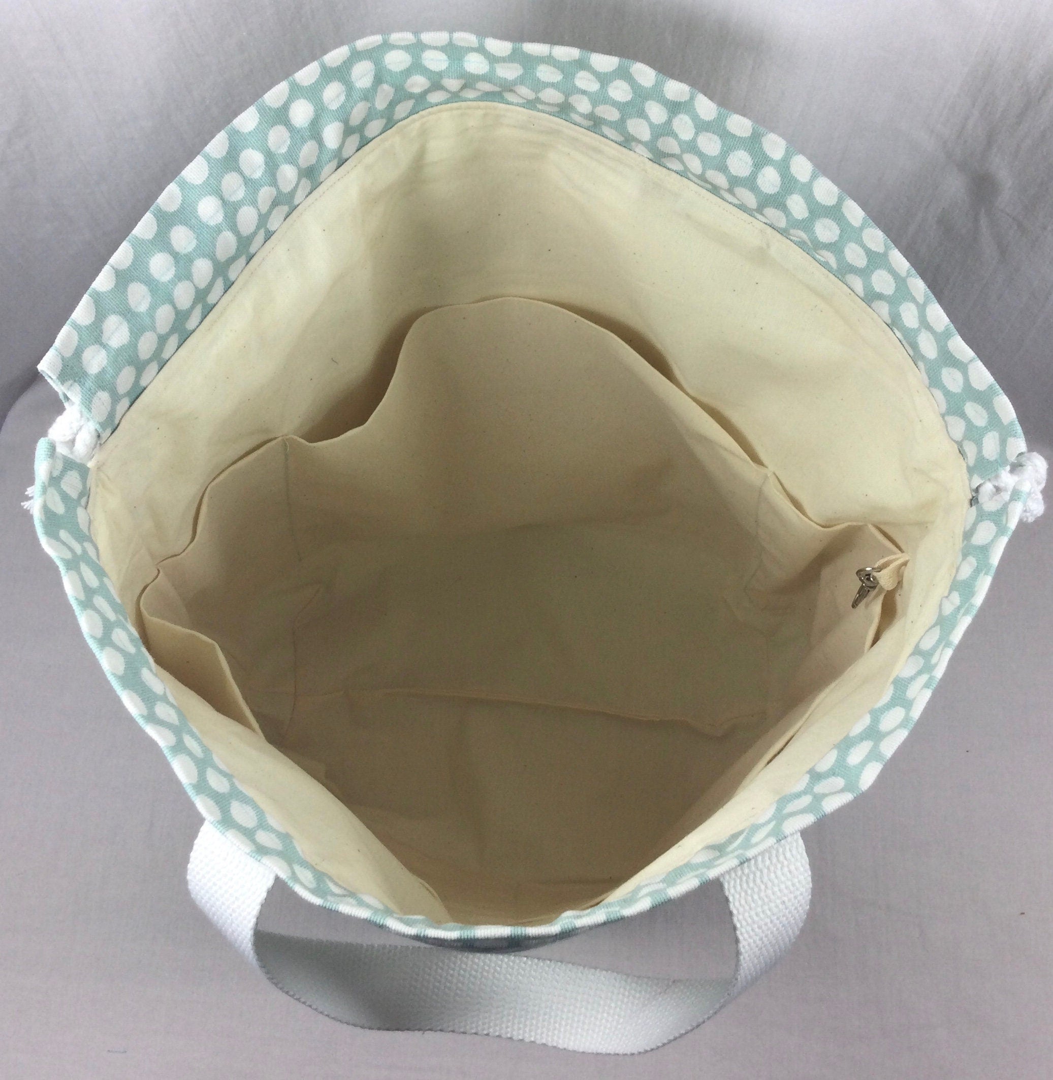 Extra Large drawstring knitting bag with blue sheep print, multi pockets project bag with handles