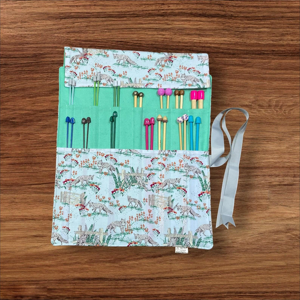 Straight knitting needle case with foxes, woodland creatures needle roll storage, knitting accessories, knitters gift,