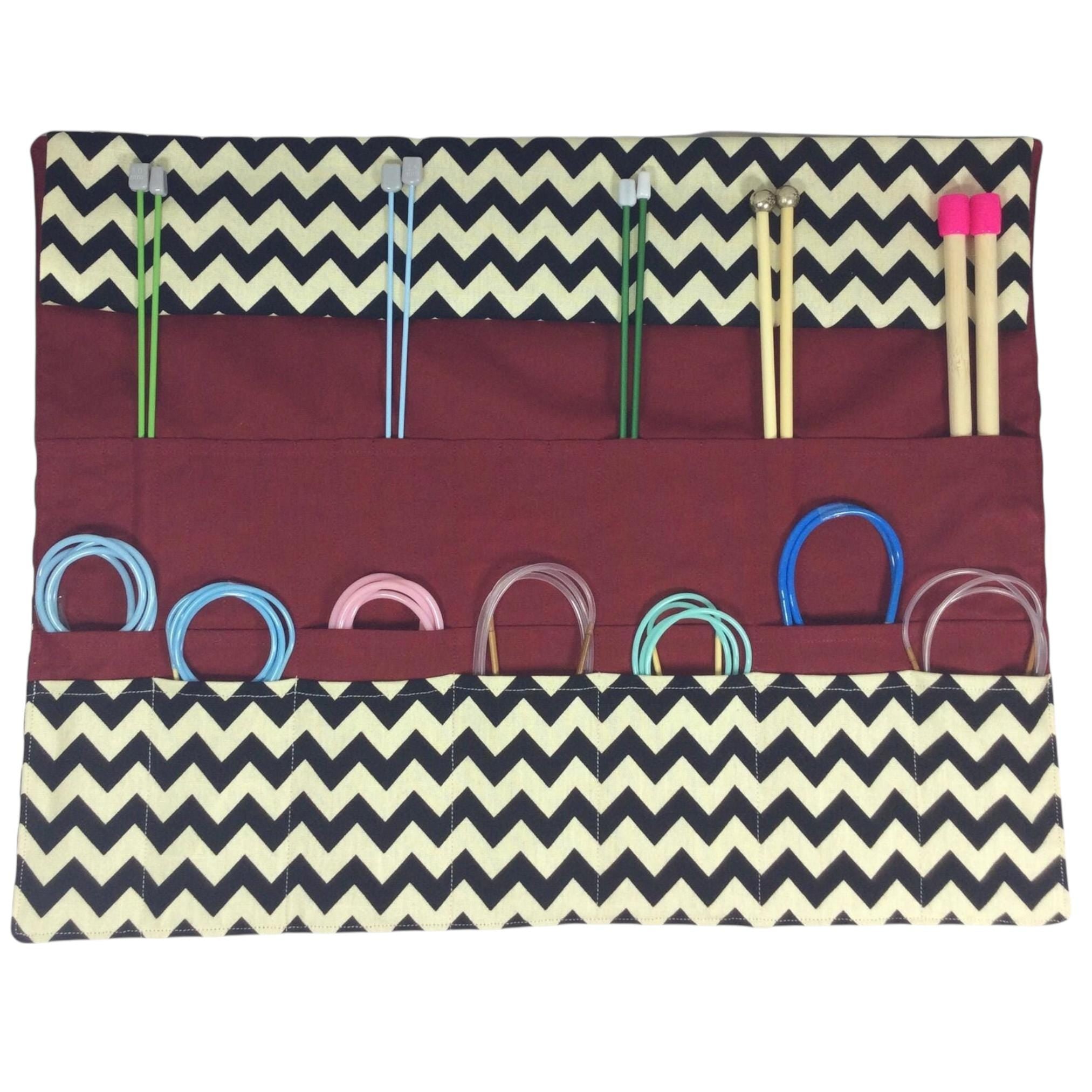 Straight and circular knitting needle case with black chevron print, heavy weight storage pouch, long needles wallet, fixed sock needle
