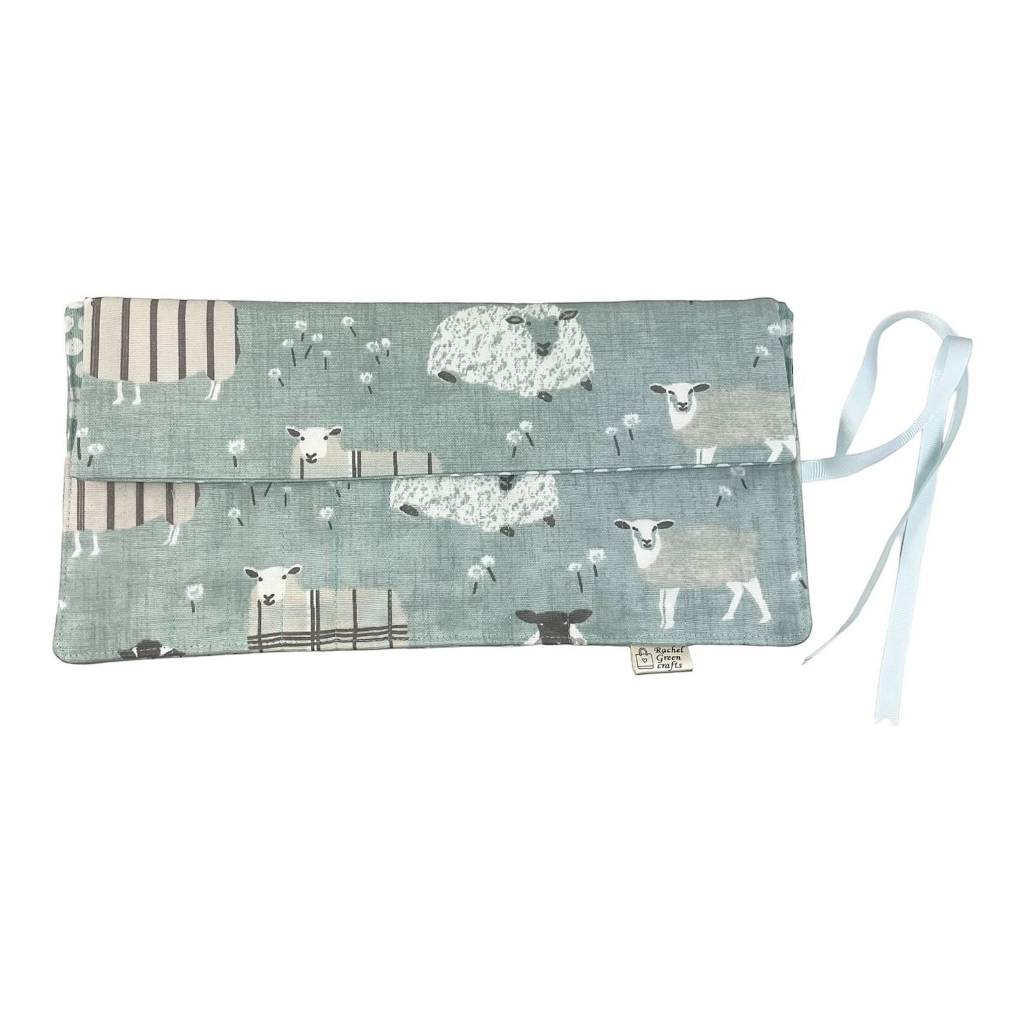 Crochet hook case with blue sheep, ergonomic hook organiser, roll up case, Sheep lover gift, knitters gift, Crochet gift,  hook storage