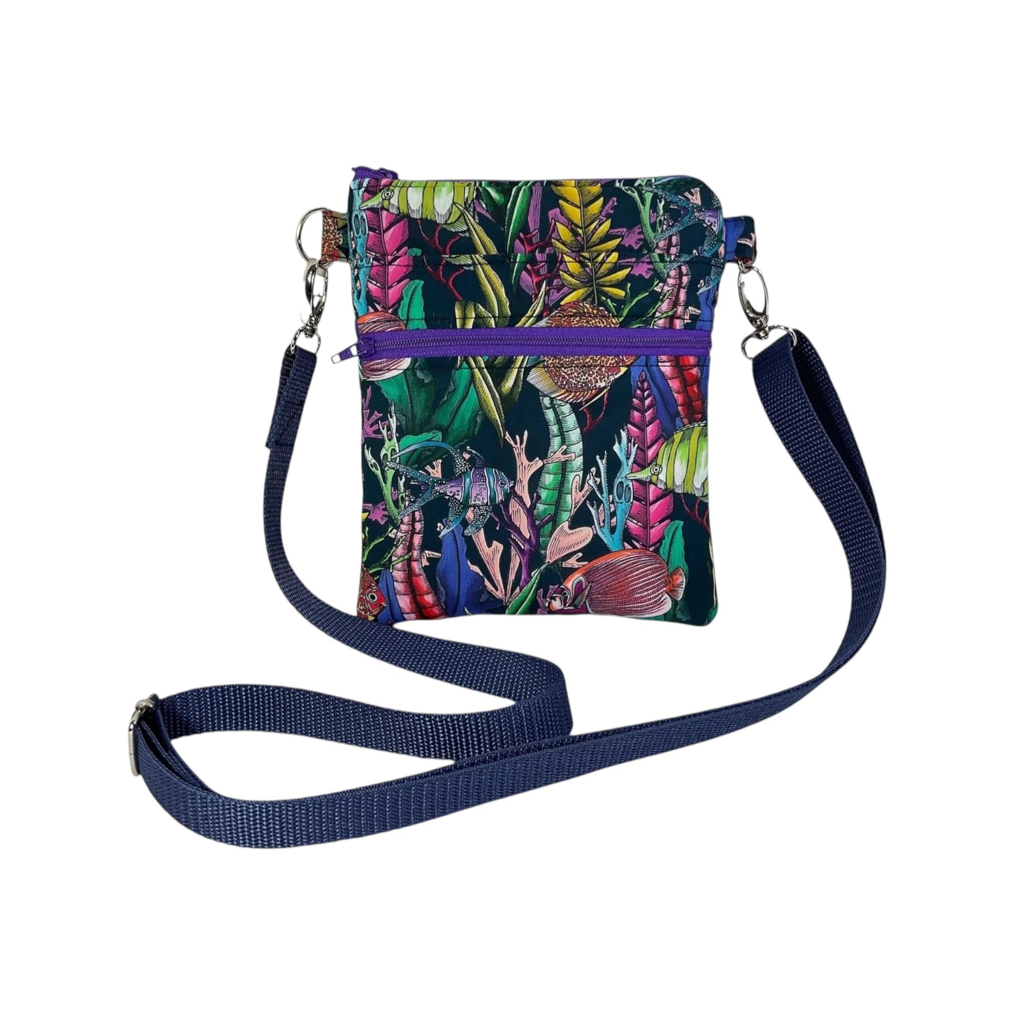 Liberty fabric slim phone shoulder bag with multi pockets, teen messenger floral phone pouch, fish mini clutch bag, clubbing festival bag,
