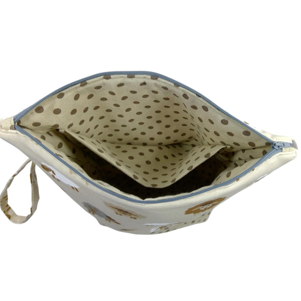 Large knitting pouch bag with natural coloured sheep, knitters zipped project craft tote, sheep lovers gift