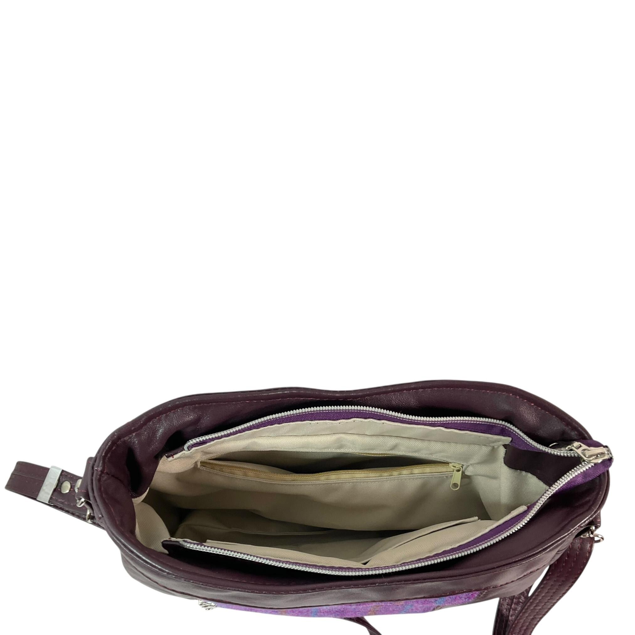 Handbag in genuine leather and Harris tweed tartan print pure wool, green and purple check medium sized zip top shoulder bag