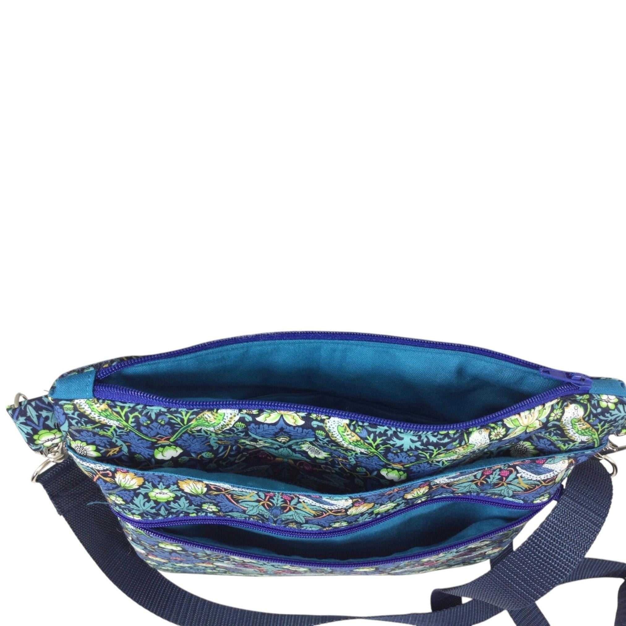 Liberty fabric slim shoulder bag with multi pockets, messenger style paisley  floral phone purse
