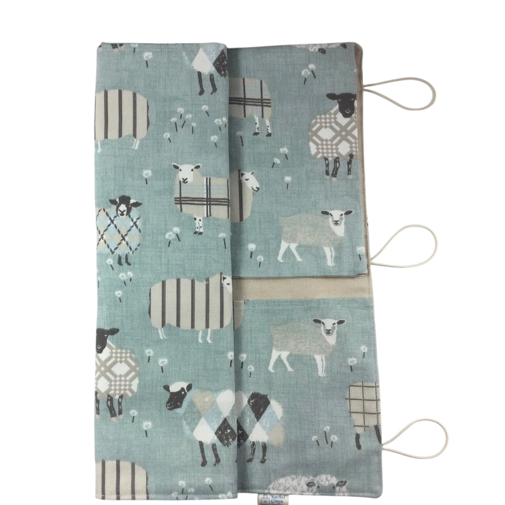 Straight and double pointed knitting needle case with blue sheep, knitting needle pouch,  needle storage, long needles wallet, sock needle