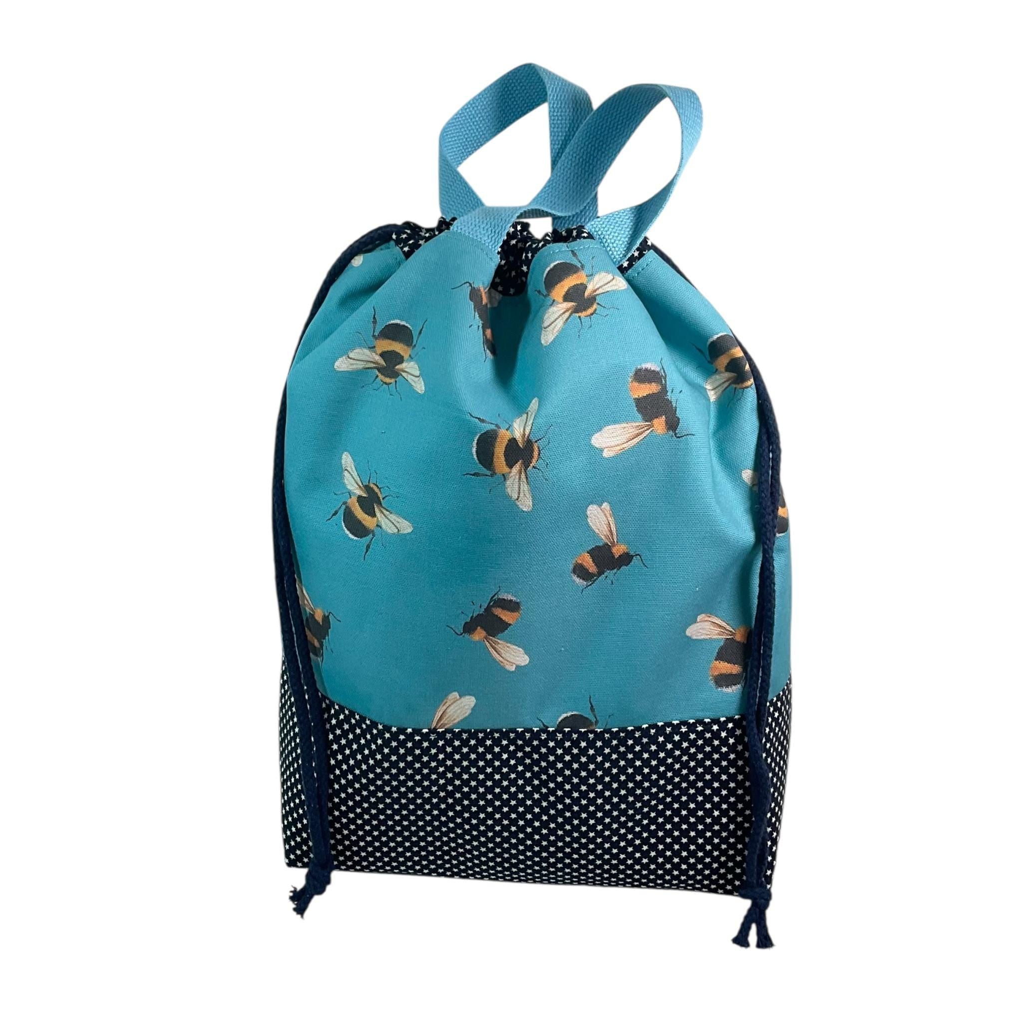 Extra Large bee print knitting bag, drawstring crafting bag