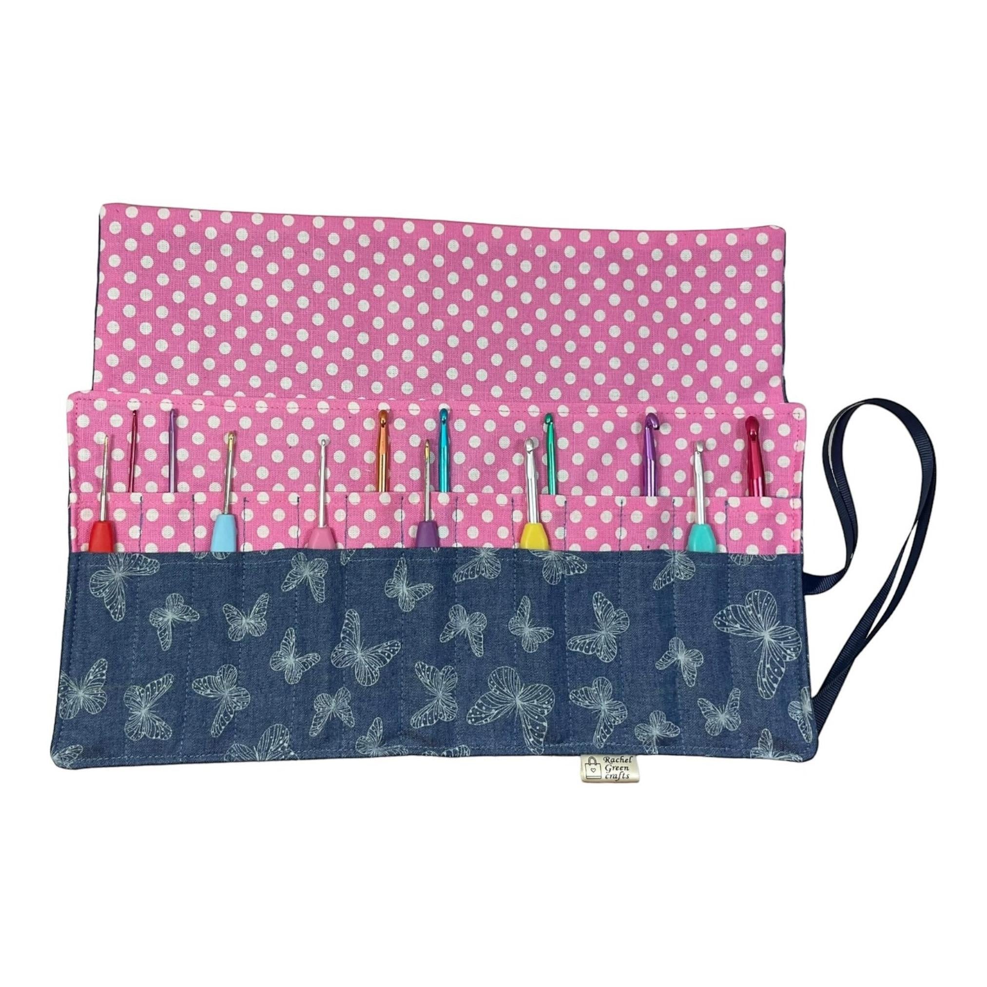 Crochet hook case in denim with butterfly print, roll up Ergonomic hook organiser or short  Dpn case, crochet or knitters gift,