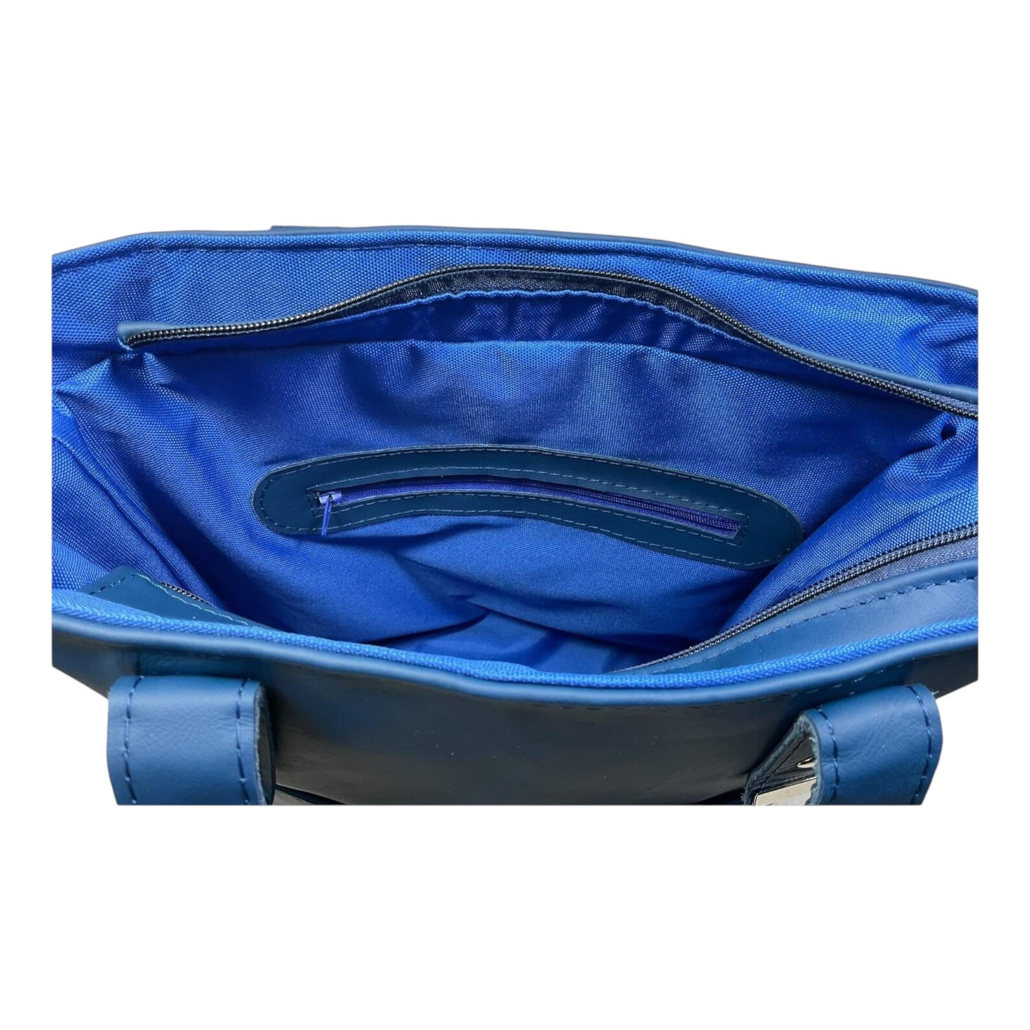 Tote bag made of genuine leather, medium sized deep blue shoulder bag