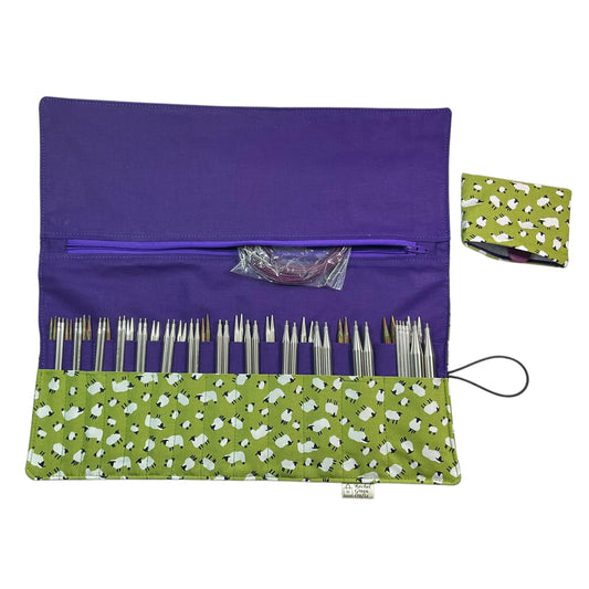 Interchangeable knitting needle case with green sheep print