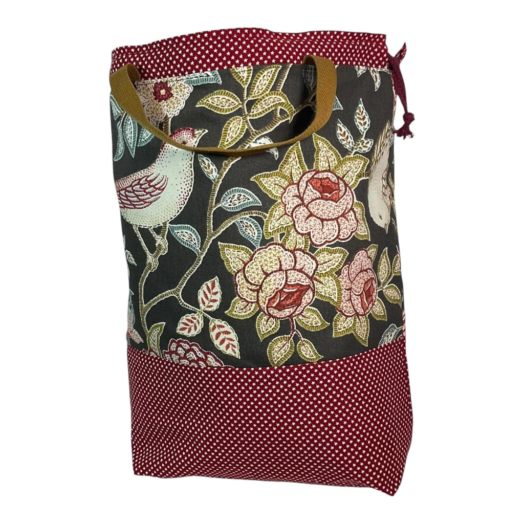 XXL Knitting Project Bag: Floral Bird Print, Multi-Pocket Drawstring Tote