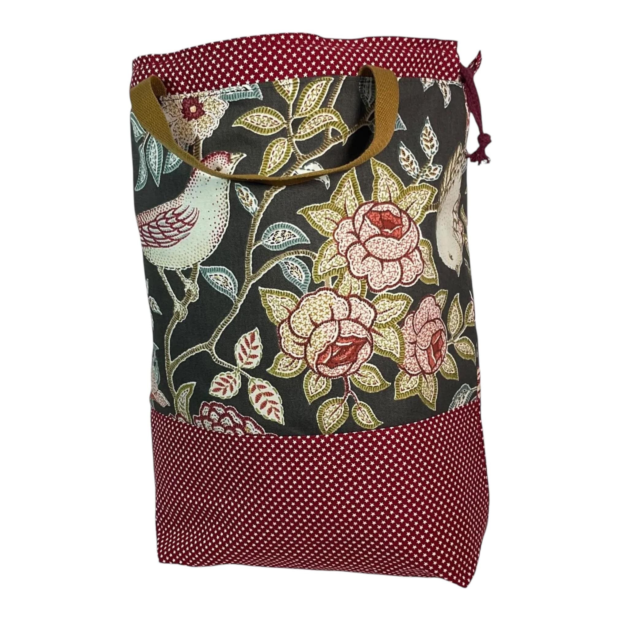 XXL Knitting Project Bag: Floral Bird Print, Multi-Pocket Drawstring Tote