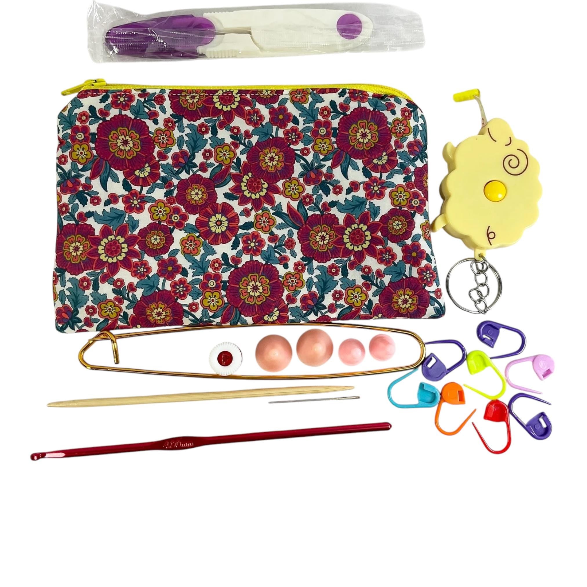 Notions kit for Knitters and crochet in liberty fabric and filled with craft tools, floral travel knitting kit, scissors, stitch holder
