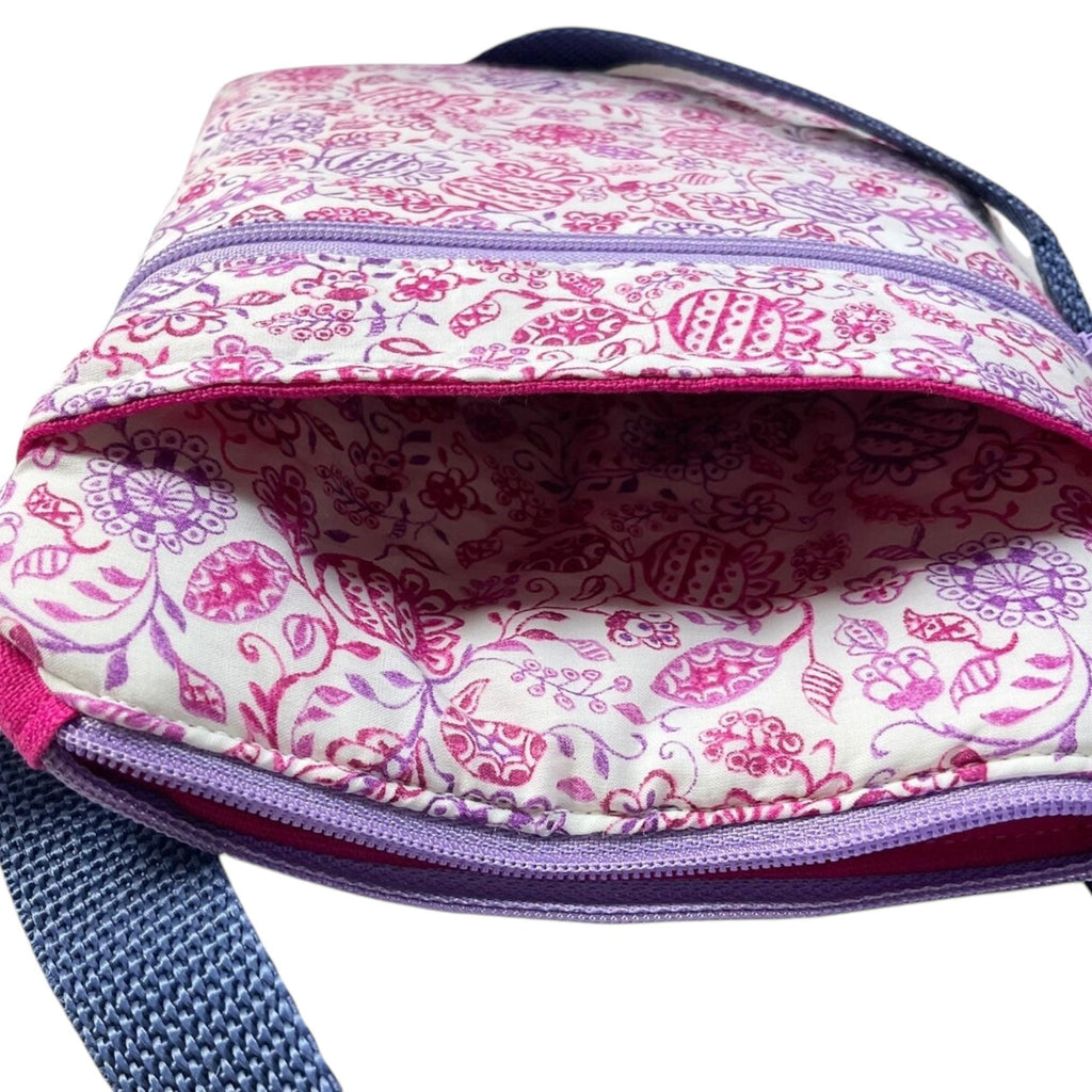 Liberty fabric slim shoulder bag with multi pockets, messenger style pink and purple floral phone purse, teenager bag