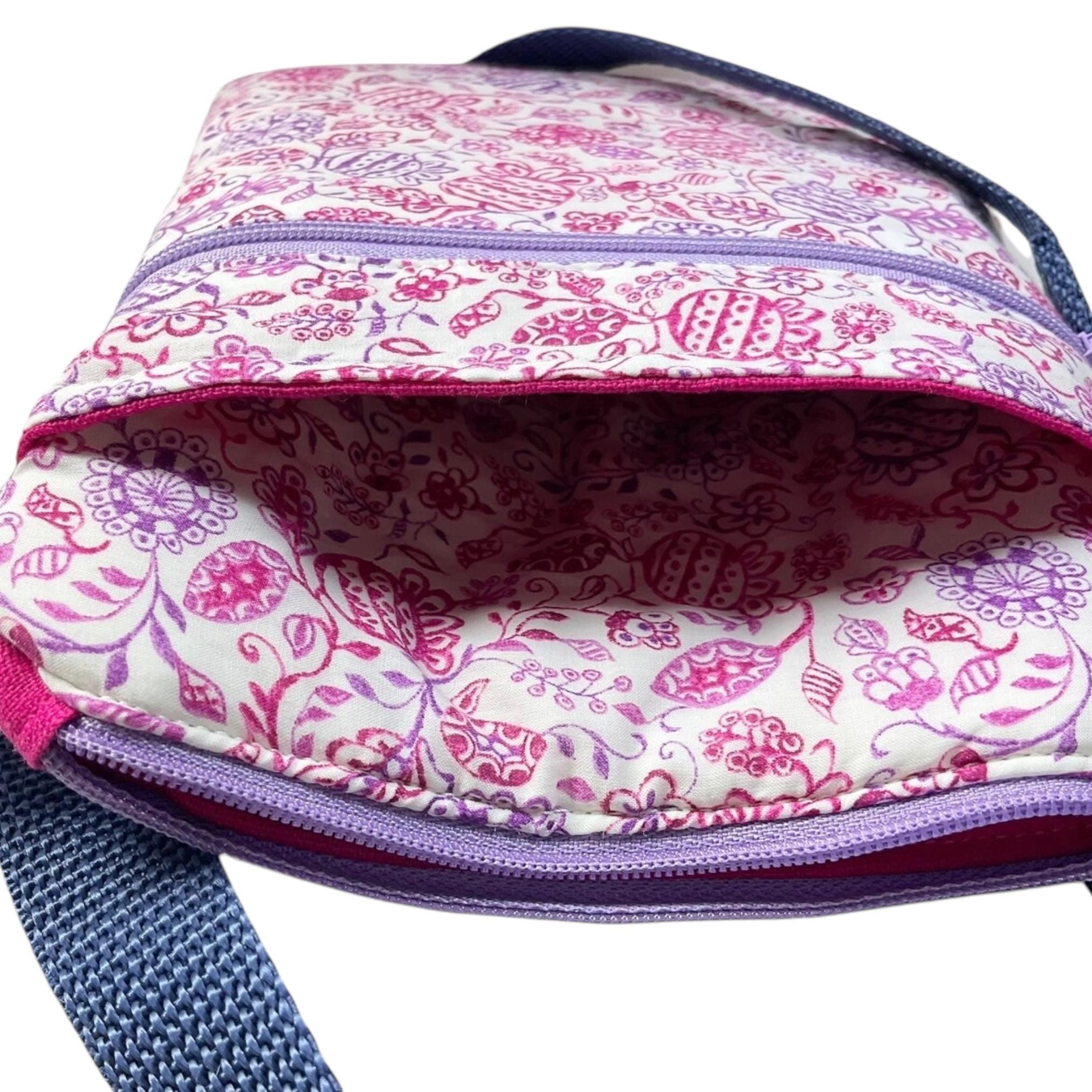Liberty fabric slim shoulder bag with multi pockets, messenger style pink and purple floral phone purse, teenager bag