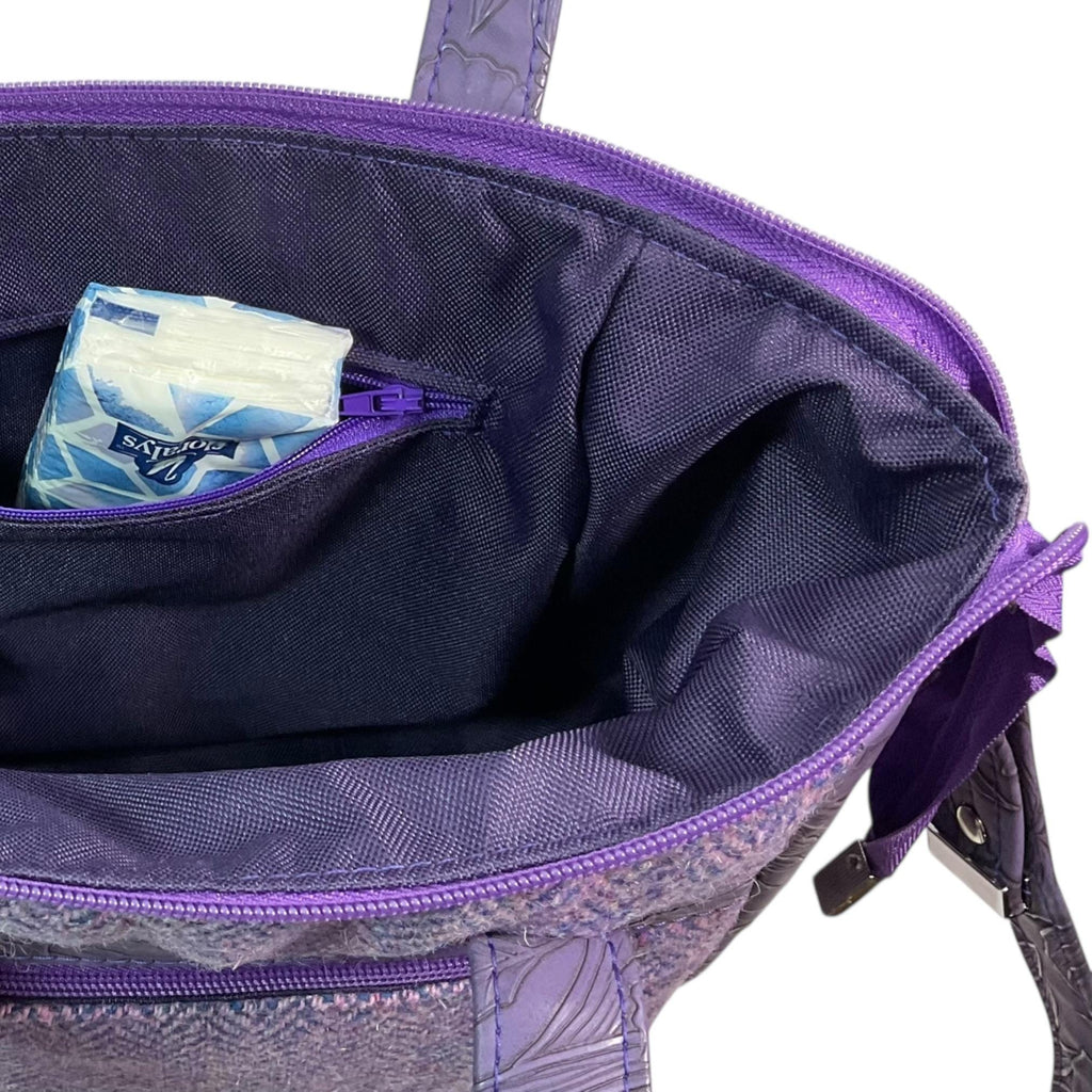 Harris tweed Crossbody Handbag, floral faux leather tote, purple  shoulder bag,  zip pocket large adjustable strap organiser bag