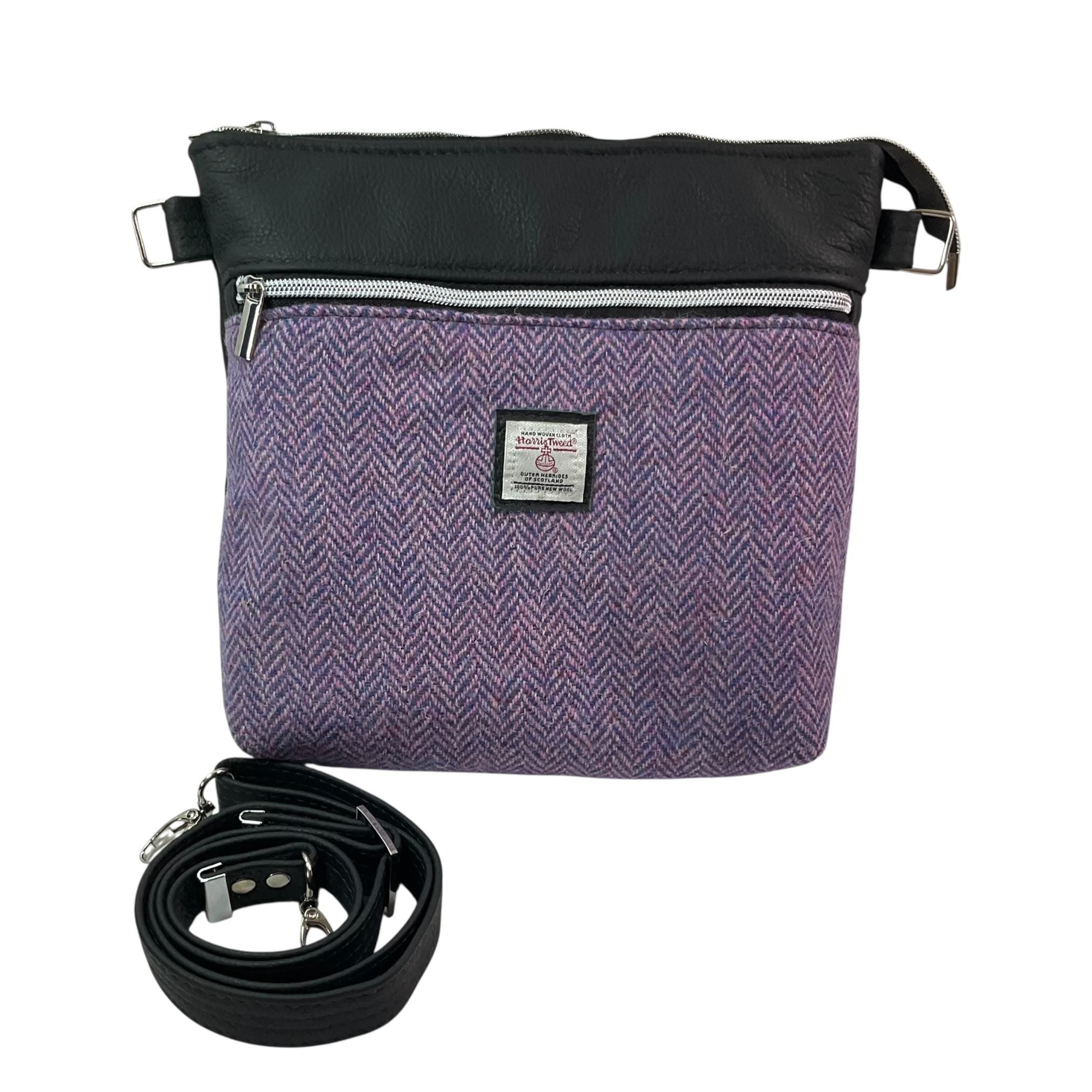 Handbag in genuine leather and Harris tweed tartan print pure wool,  blue and lilac herringbone medium sized zip top shoulder bag