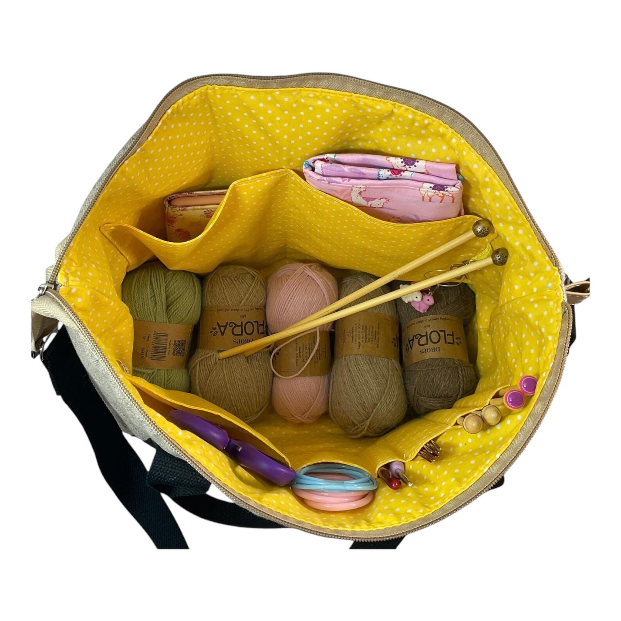 Knitting and crochet tote bag with zip top, large bee organiser crossbody bag