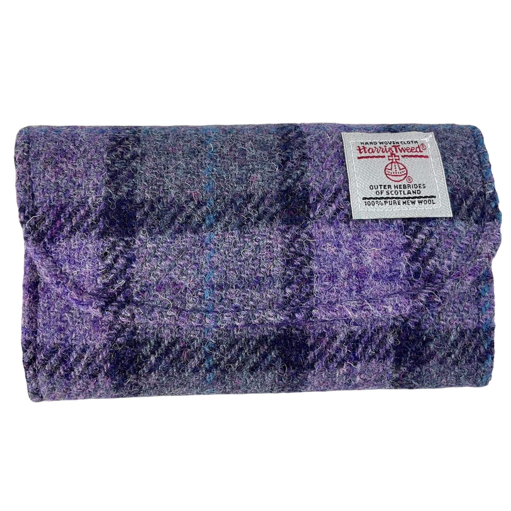 Concertina purse made in Harris tweed purple check wool fabric, coin and card wallet,  purple ladies gift