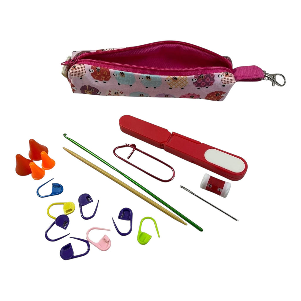 Knitting and crochet travel notions kit, clip on knit bag travel kit, stitch markers, accessories pouch, travel scissors, crafting kit